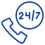 24/7 phone support icon with a clock and telephone symbol.