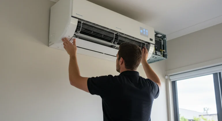 Local technician performing seasonal air conditioner maintenance in Perth home.