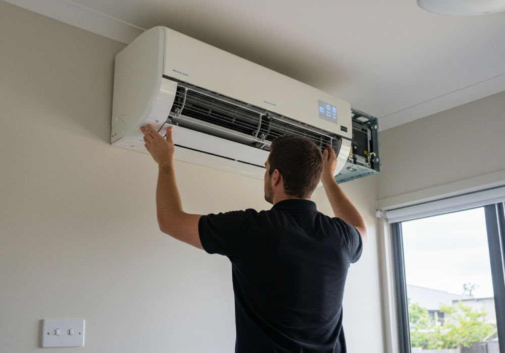 Local technician performing seasonal air conditioner maintenance in Perth home.