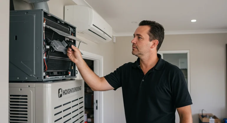 Air conditioning technician installing a split system in a Karrinyup home