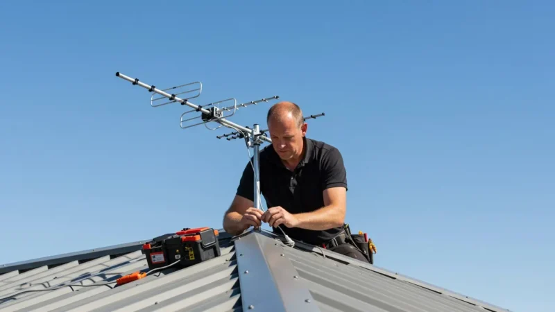 Technician installing a digital TV antenna on a metal roof in Gwelup