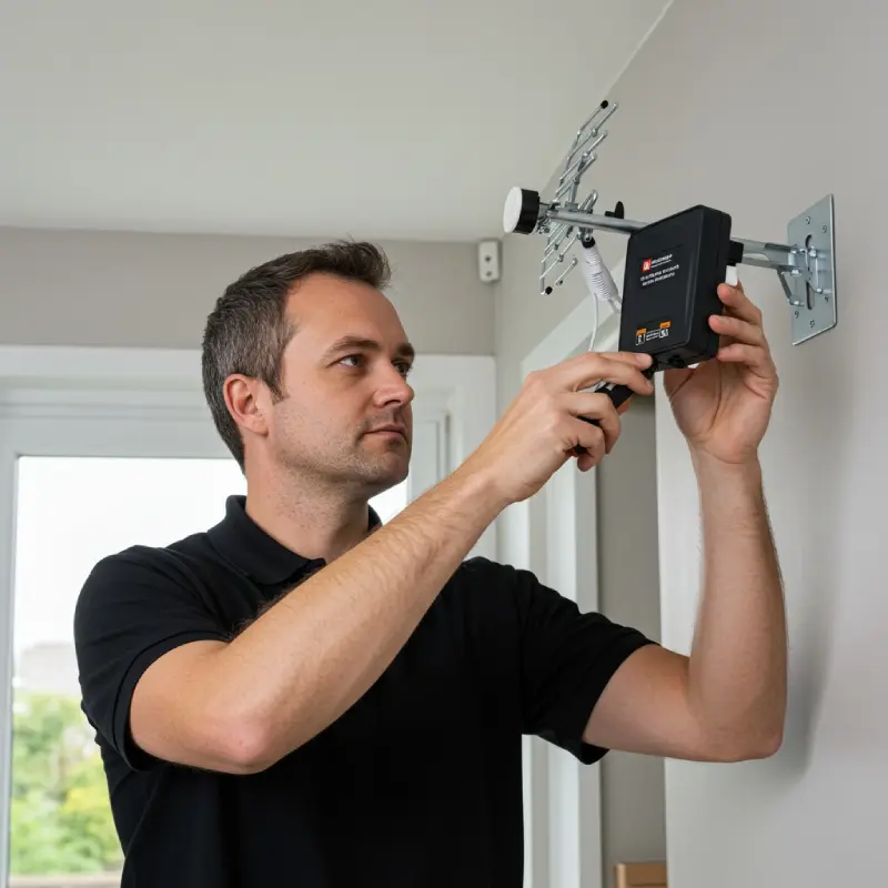 Directional TV antenna mounted with wall brackets and signal booster