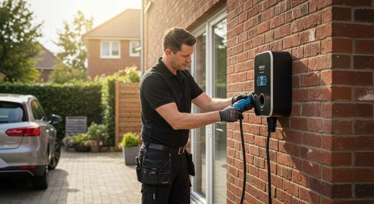 Electrician installing a home EV charging station on an exterior brick wall
