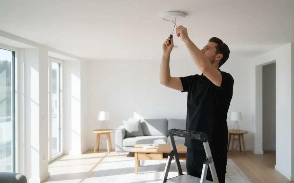 Electrician installing LED lights in a living room