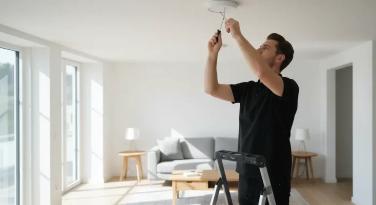 Electrician installing LED lights in a living room