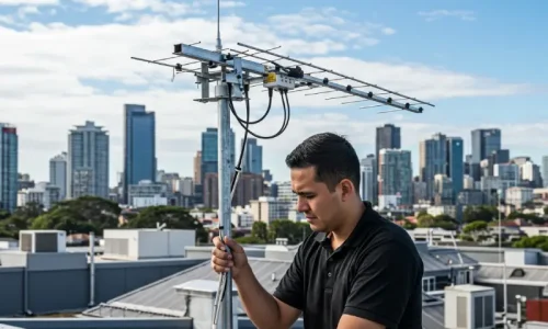 Flat jumper cable neatly connected behind a wall-mounted TV